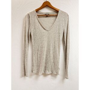Express Womens Pullover Knit Fleece V neck Long Sleeve Top Gray Sz M